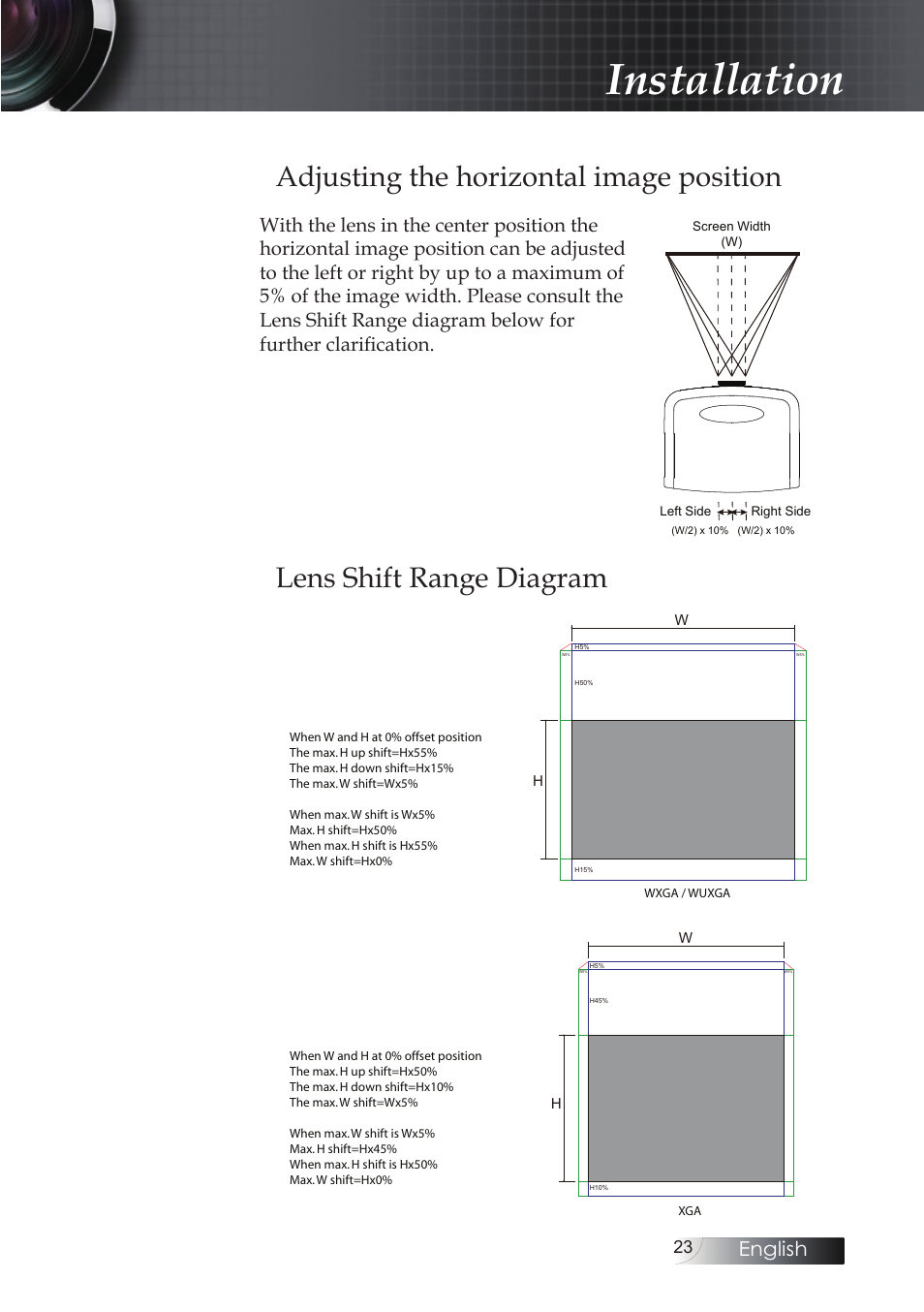 Adjusting the horizontal image position, Lens shift range diagram, Installation | English | Optoma EH503 User Manual | Page 23 / 101