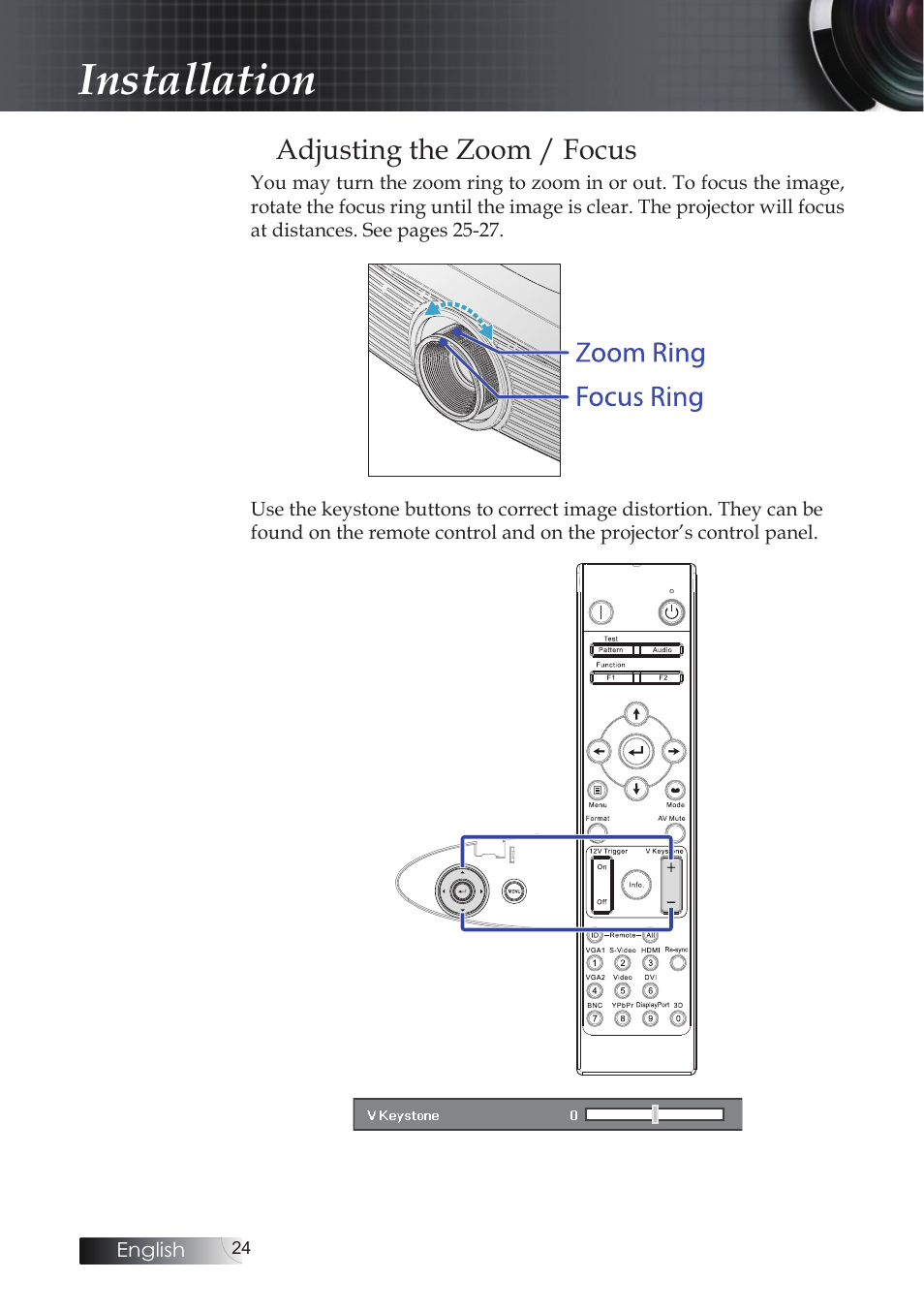 Adjusting the zoom / focus, Installation | Optoma EH503 User Manual | Page 24 / 101