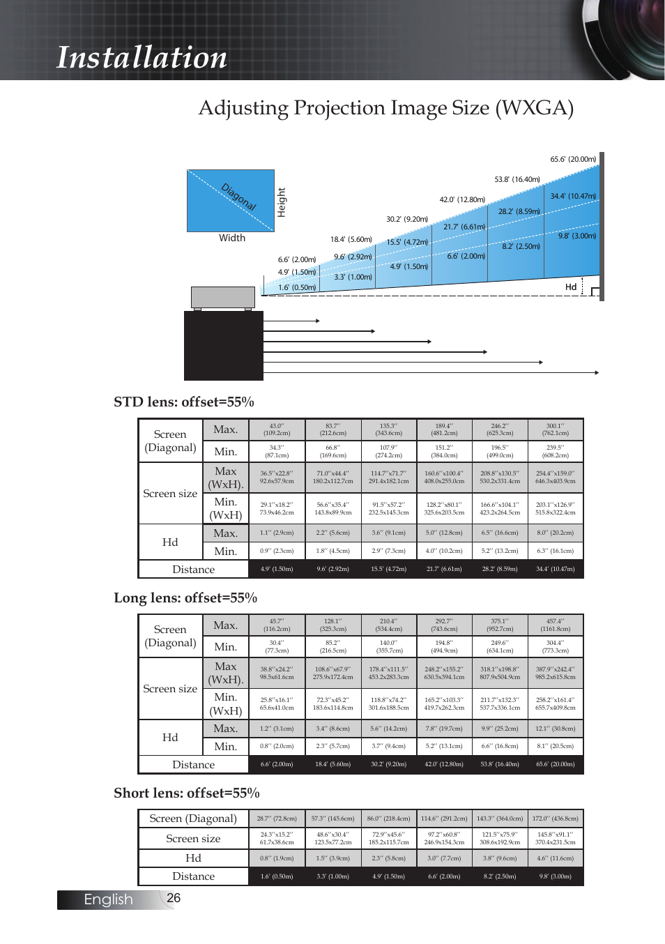 Adjusting projection image size (wxga), Installation, English | Std lens: offset=55, Long lens: offset=55, Short lens: offset=55, Height diagonal width, Screen (diagonal) max, Screen size max (wxh), Min. (wxh) | Optoma EH503 User Manual | Page 26 / 101