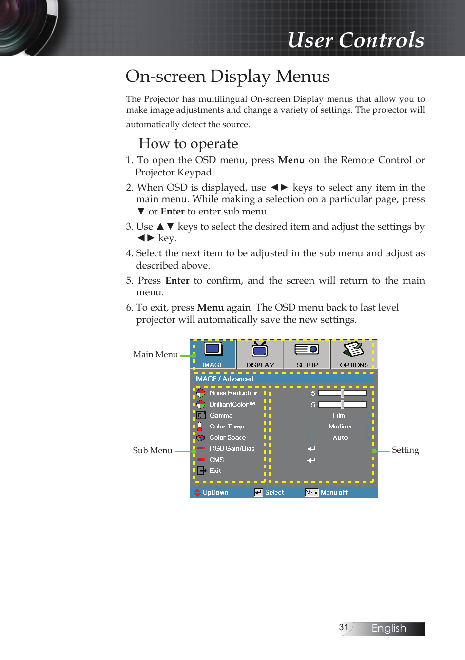 On-screen display menus, How to operate, User controls | Optoma EH503 User Manual | Page 31 / 101