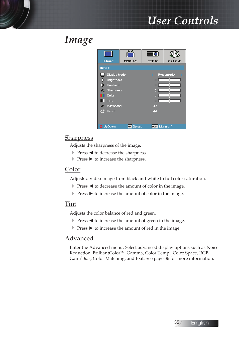 User controls, Image | Optoma EH503 User Manual | Page 35 / 101