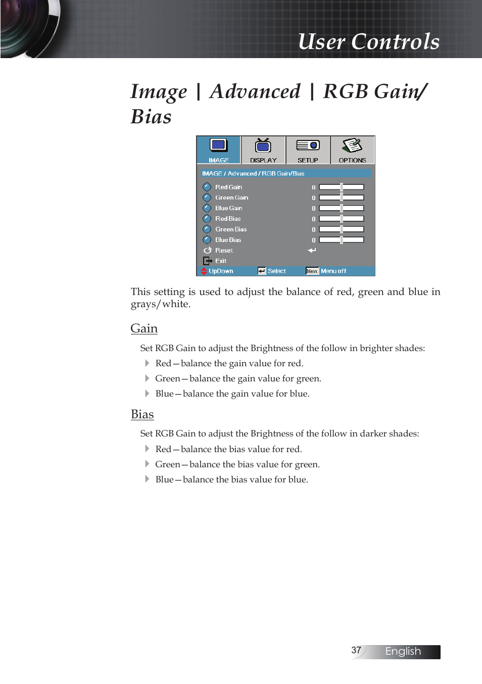 User controls, Image | advanced | rgb gain/ bias | Optoma EH503 User Manual | Page 37 / 101