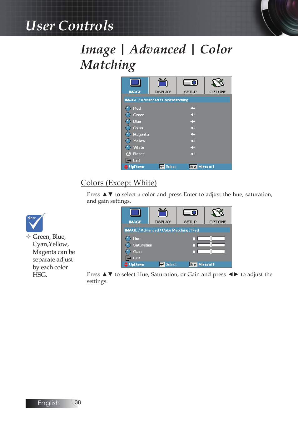 User controls, Image | advanced | color matching | Optoma EH503 User Manual | Page 38 / 101