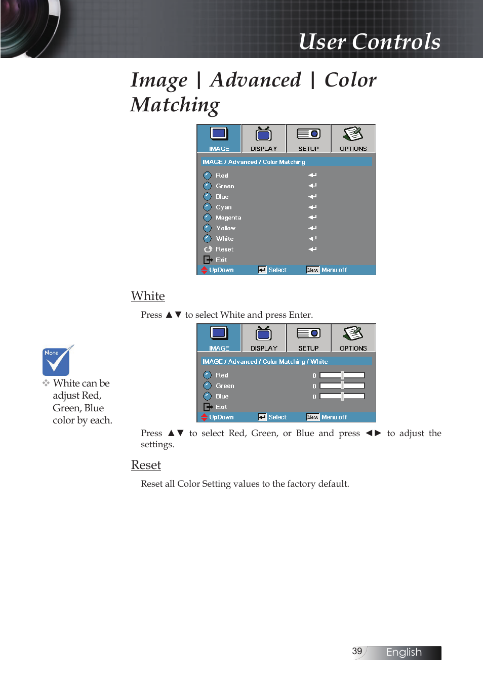 User controls, Image | advanced | color matching | Optoma EH503 User Manual | Page 39 / 101