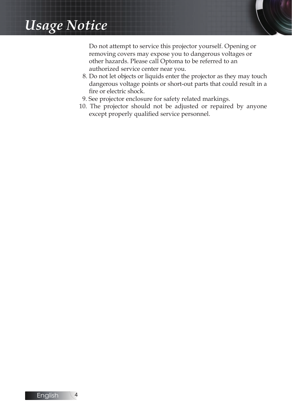 Usage notice | Optoma EH503 User Manual | Page 4 / 101