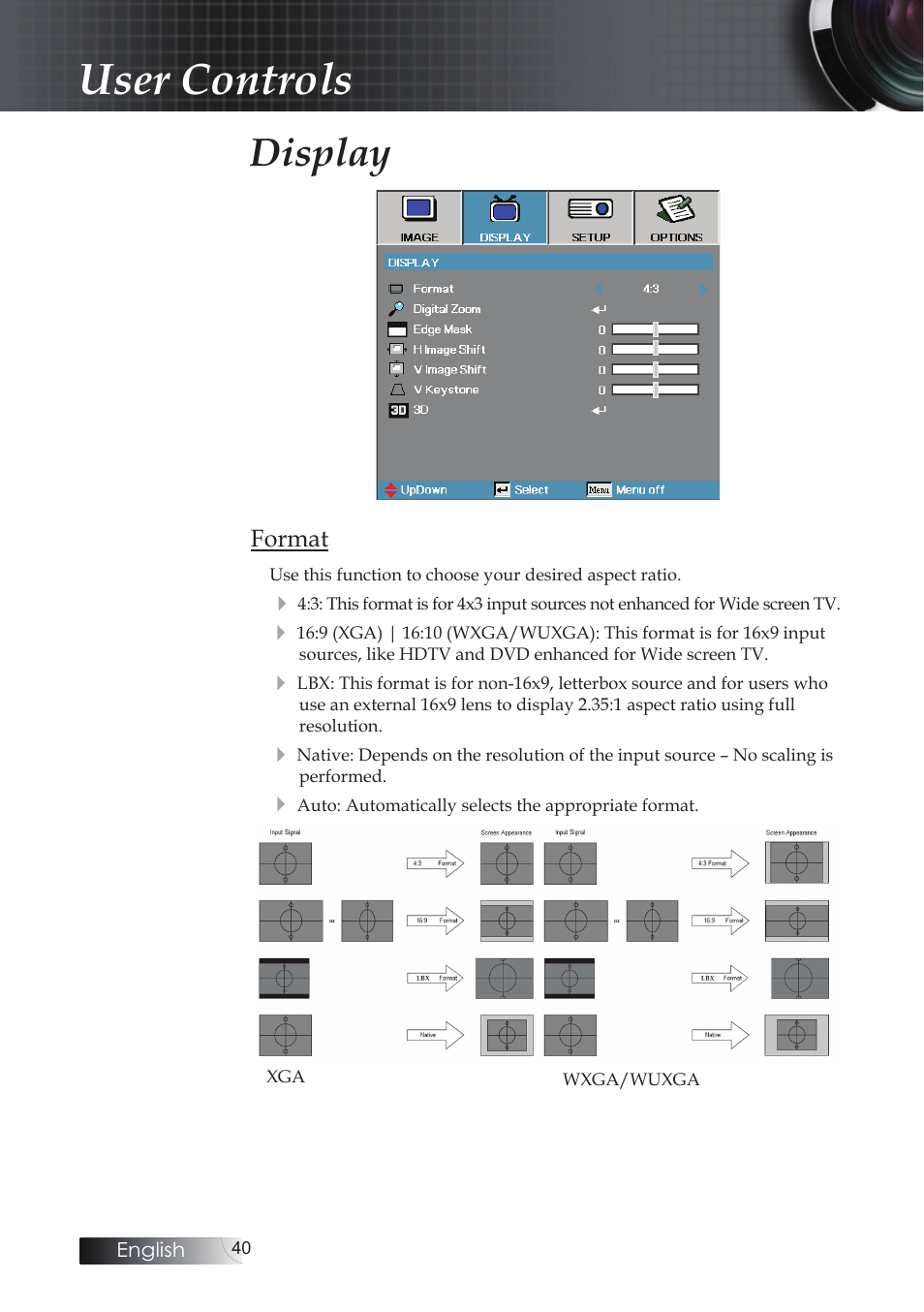 Display, User controls | Optoma EH503 User Manual | Page 40 / 101