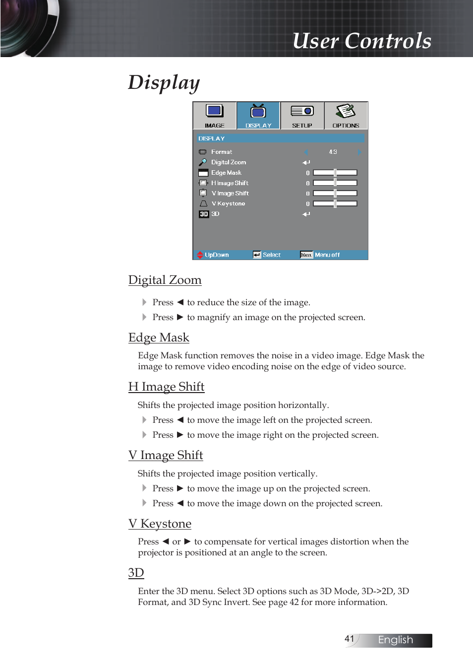 User controls, Display | Optoma EH503 User Manual | Page 41 / 101