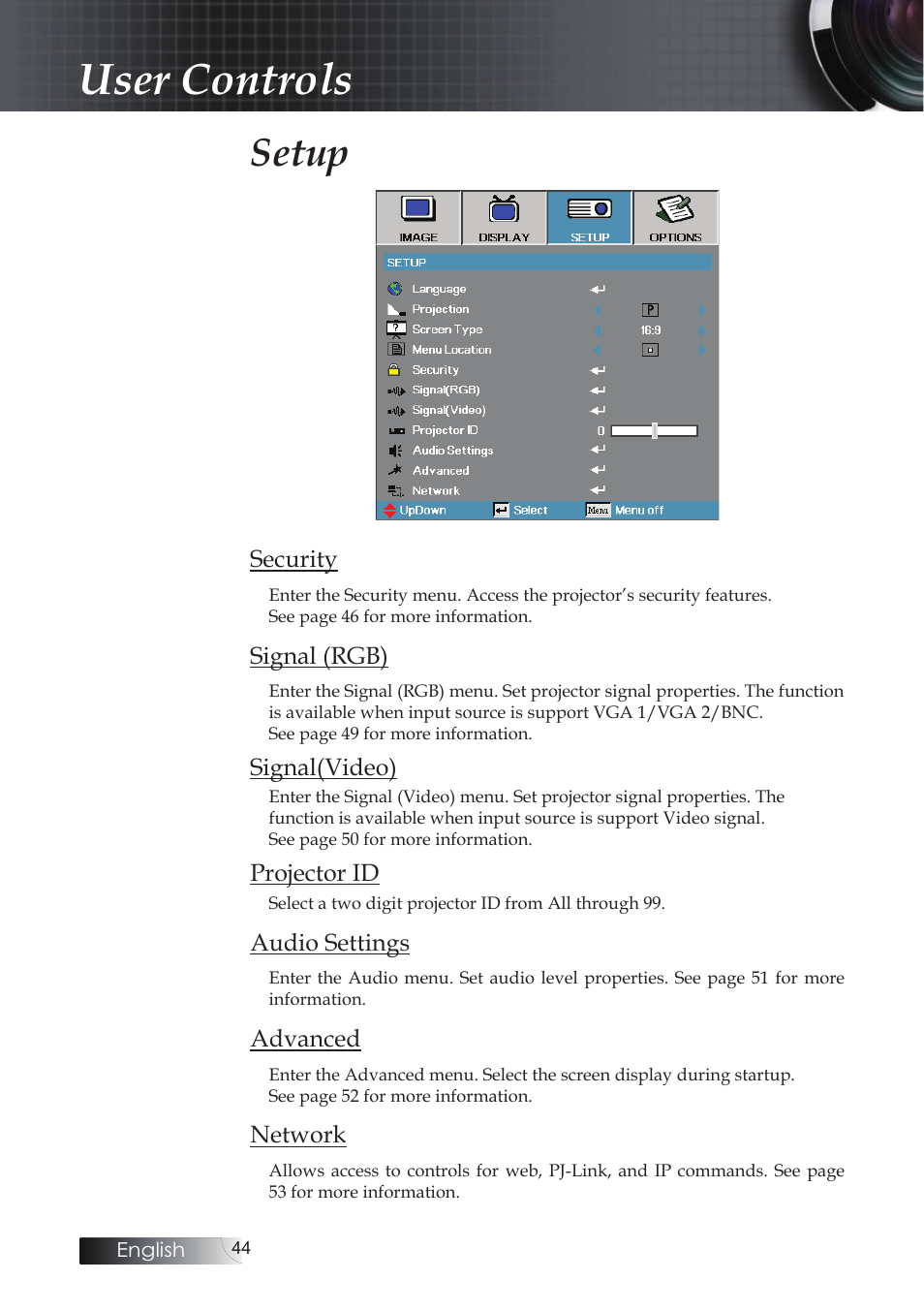User controls, Setup | Optoma EH503 User Manual | Page 44 / 101