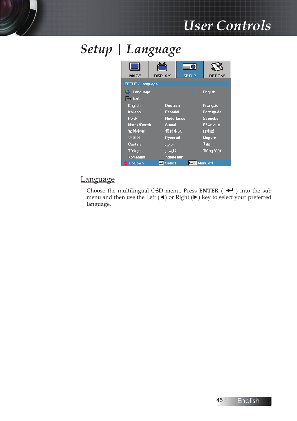User controls, Setup | language | Optoma EH503 User Manual | Page 45 / 101