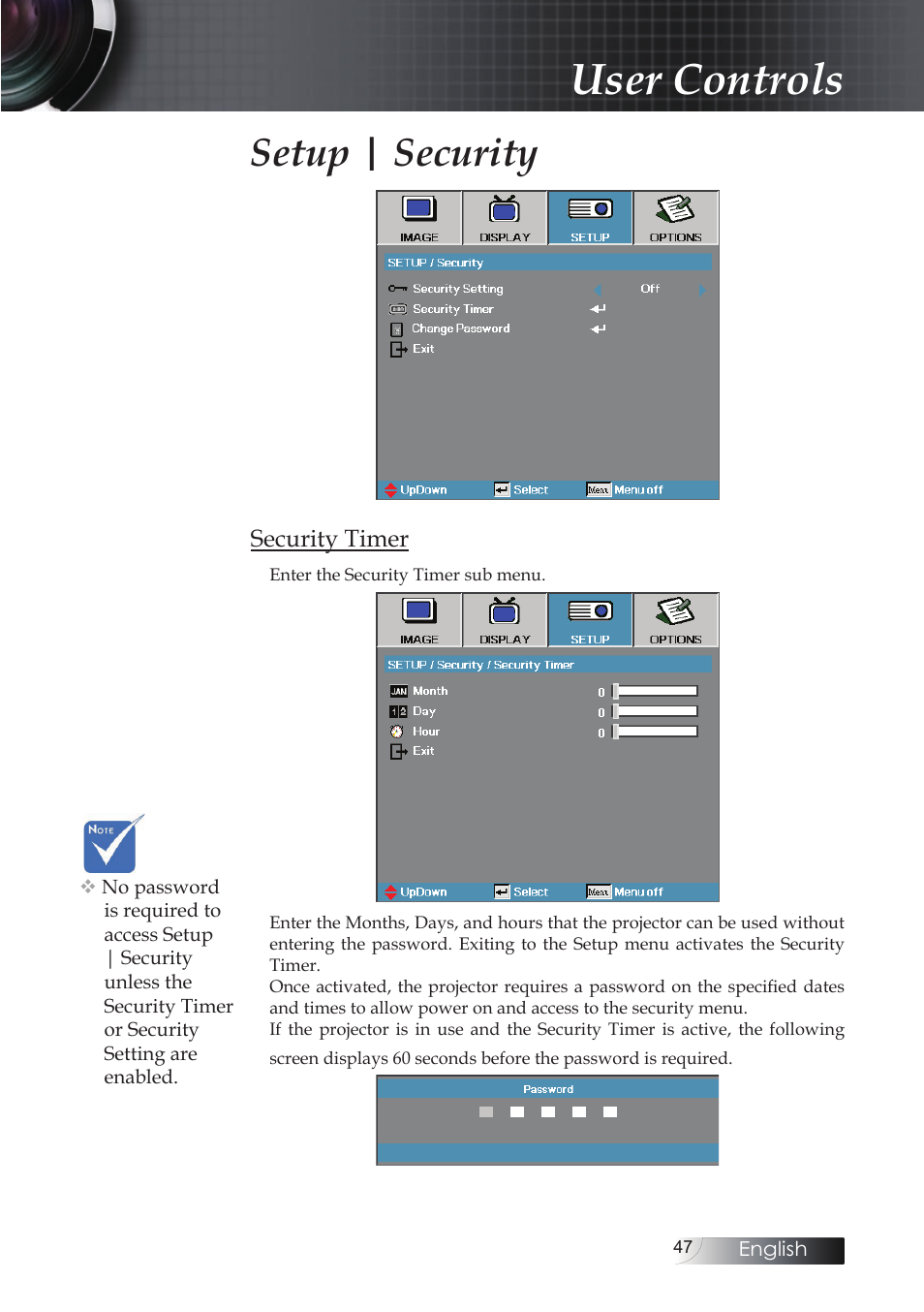 User controls, Setup | security | Optoma EH503 User Manual | Page 47 / 101