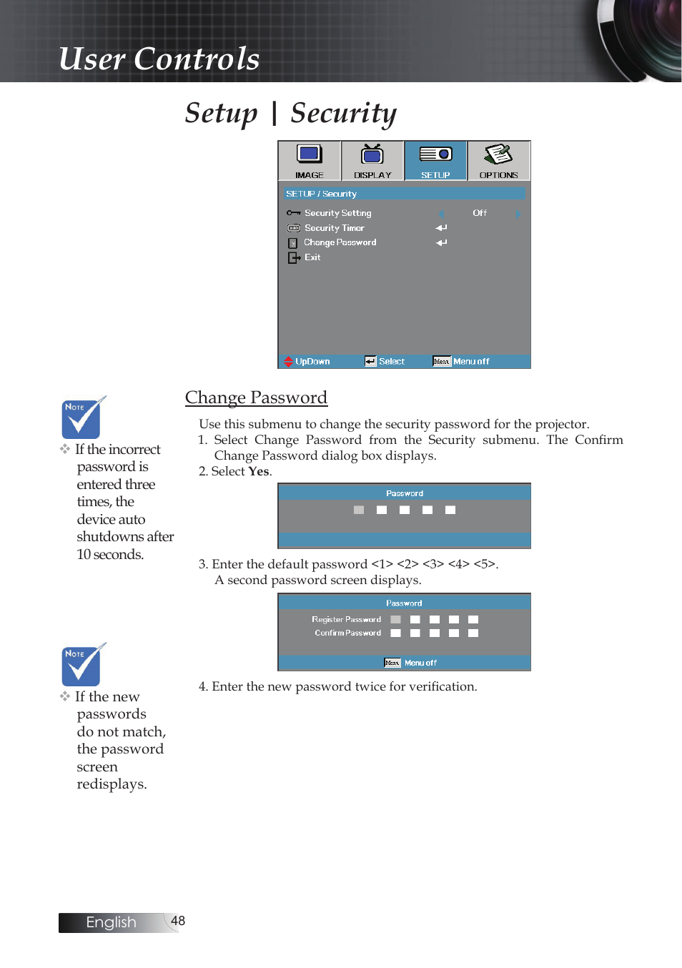 User controls, Setup | security | Optoma EH503 User Manual | Page 48 / 101