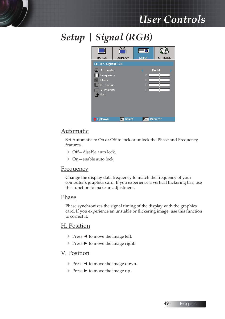 User controls, Setup | signal (rgb) | Optoma EH503 User Manual | Page 49 / 101