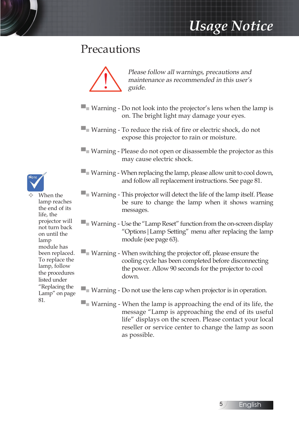 Precautions, Usage notice | Optoma EH503 User Manual | Page 5 / 101