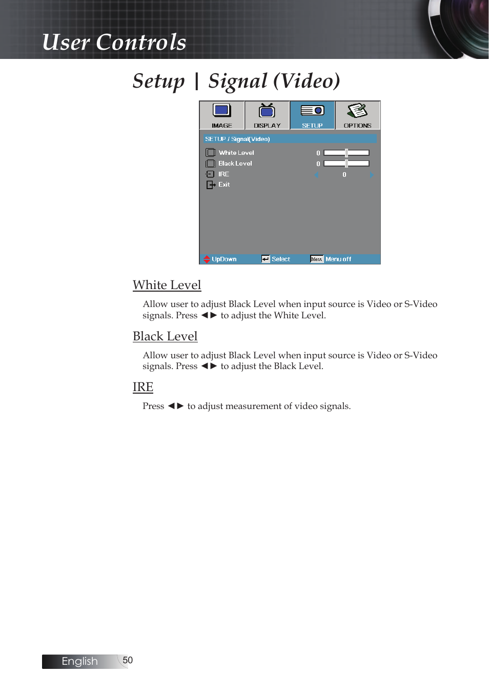 User controls, Setup | signal (video) | Optoma EH503 User Manual | Page 50 / 101
