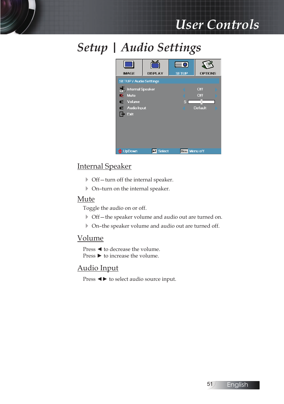 User controls, Setup | audio settings | Optoma EH503 User Manual | Page 51 / 101