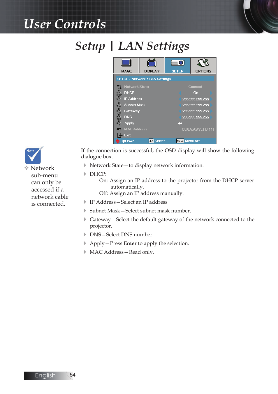 User controls, Setup | lan settings | Optoma EH503 User Manual | Page 54 / 101