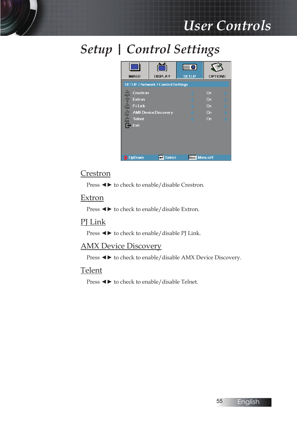 User controls, Setup | control settings | Optoma EH503 User Manual | Page 55 / 101