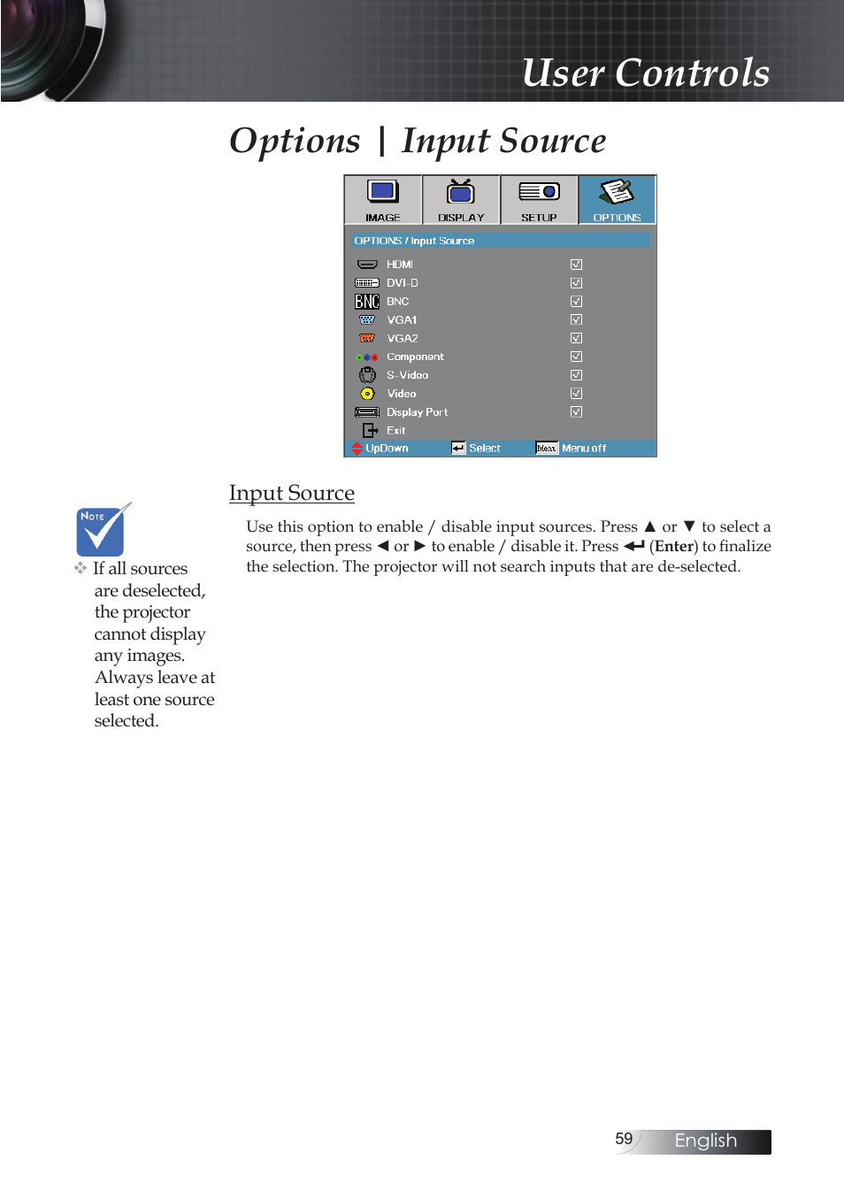 User controls, Options | input source | Optoma EH503 User Manual | Page 59 / 101