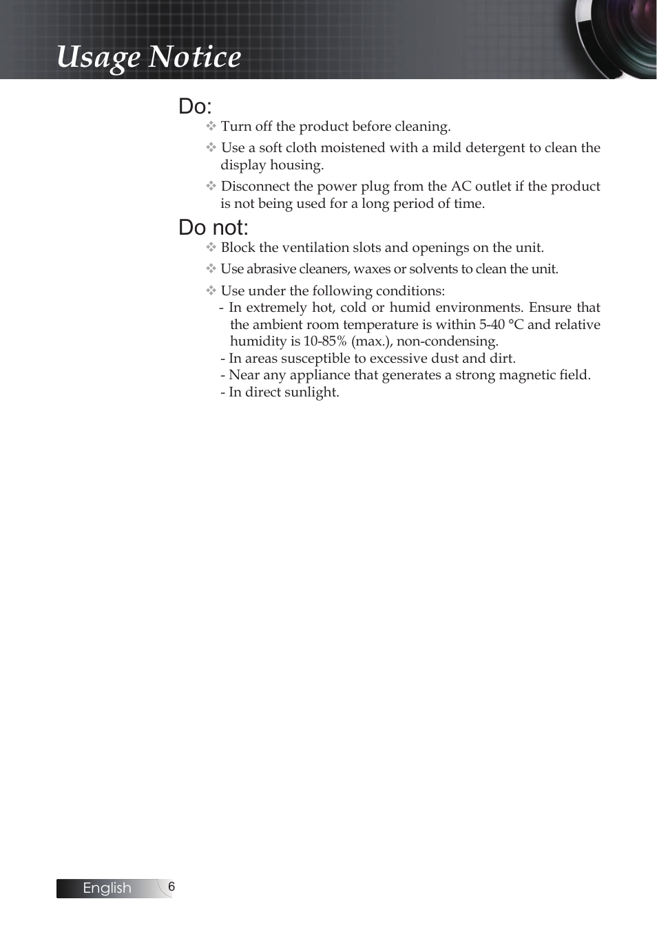 Usage notice, Do not | Optoma EH503 User Manual | Page 6 / 101