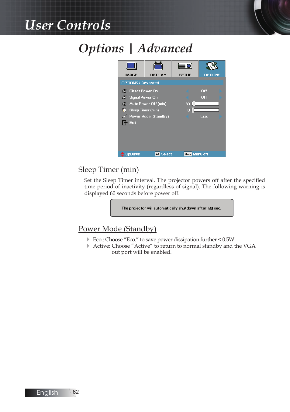 User controls, Options | advanced | Optoma EH503 User Manual | Page 62 / 101
