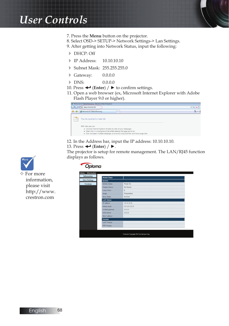 User controls | Optoma EH503 User Manual | Page 68 / 101