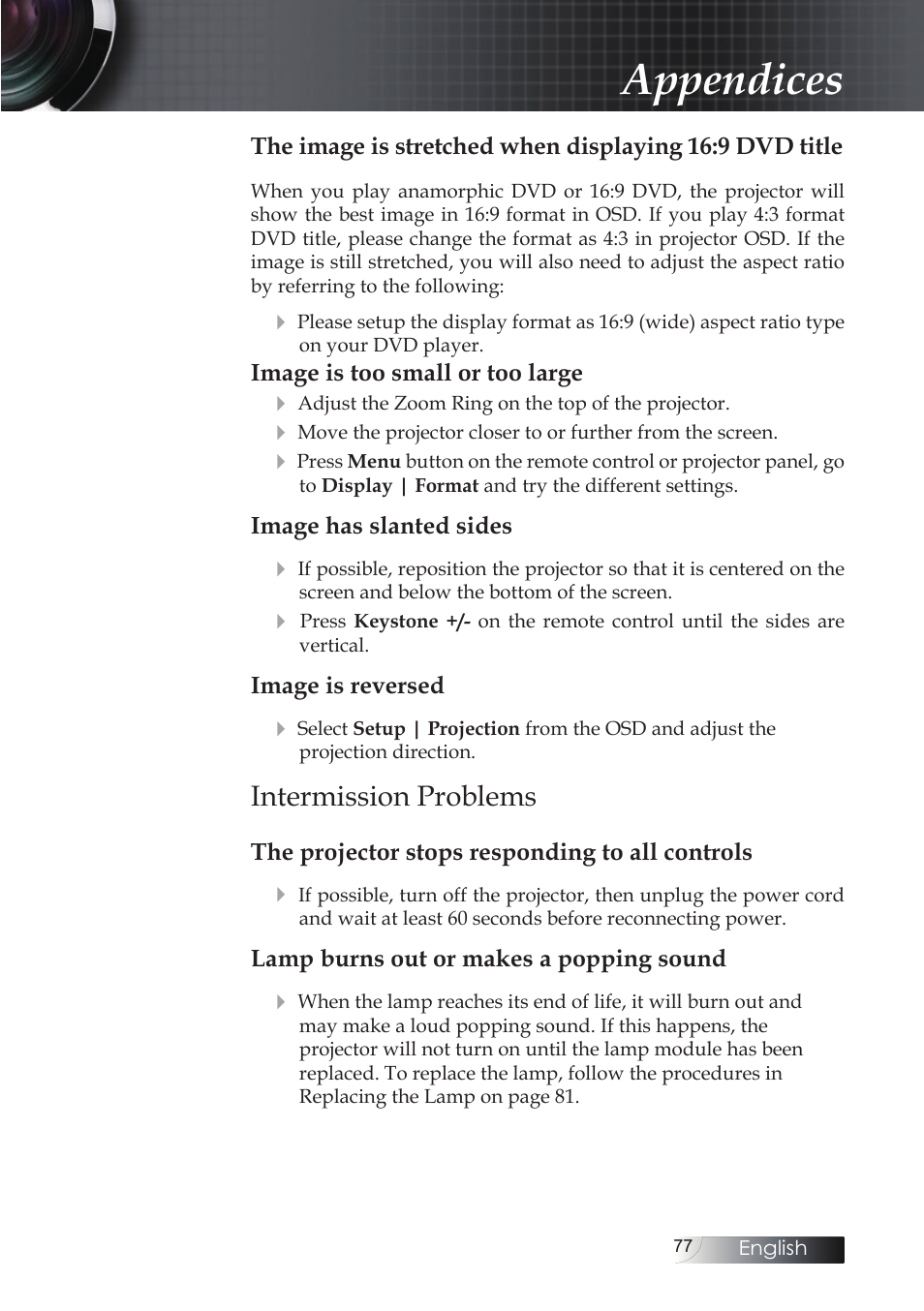 Intermission problems, Appendices | Optoma EH503 User Manual | Page 77 / 101