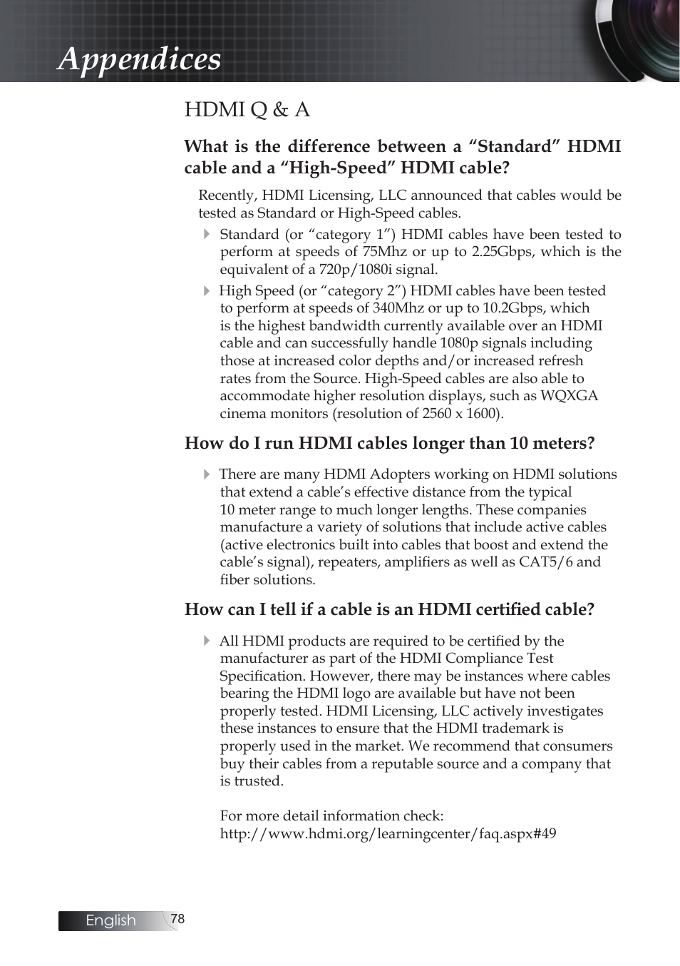 Hdmi q & a, Appendices | Optoma EH503 User Manual | Page 78 / 101