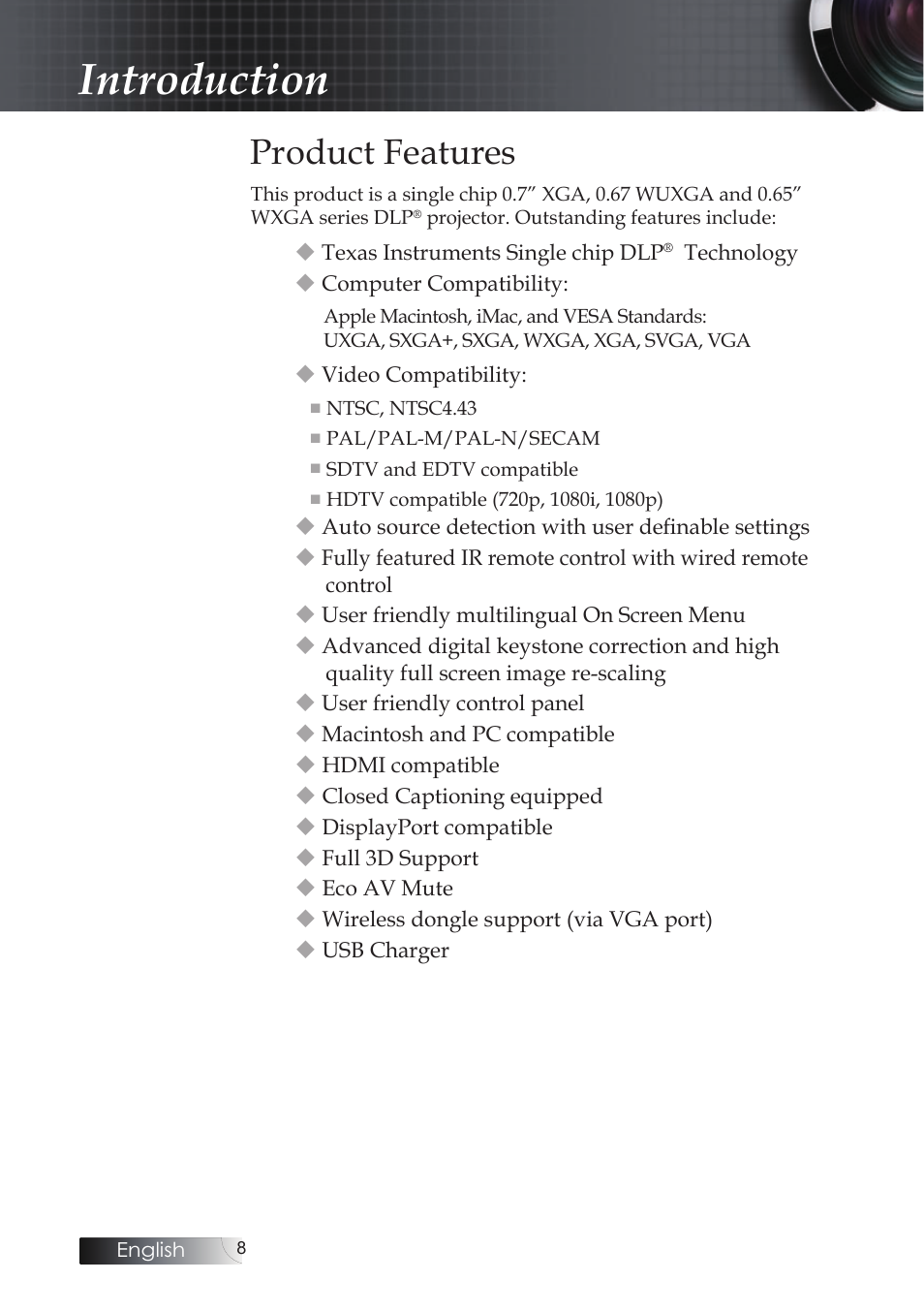 Introduction, Product features | Optoma EH503 User Manual | Page 8 / 101