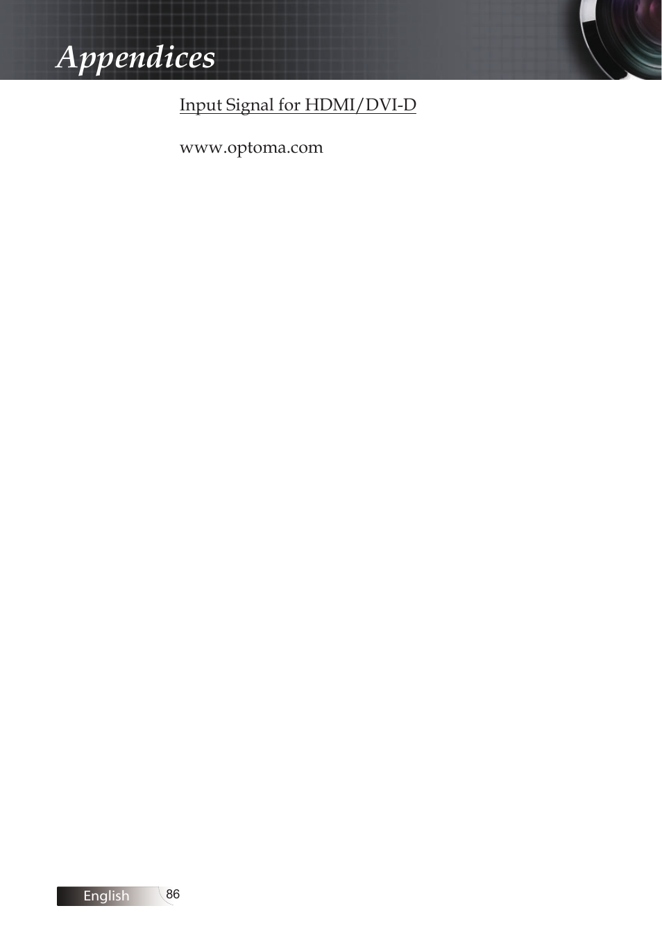 Appendices | Optoma EH503 User Manual | Page 86 / 101