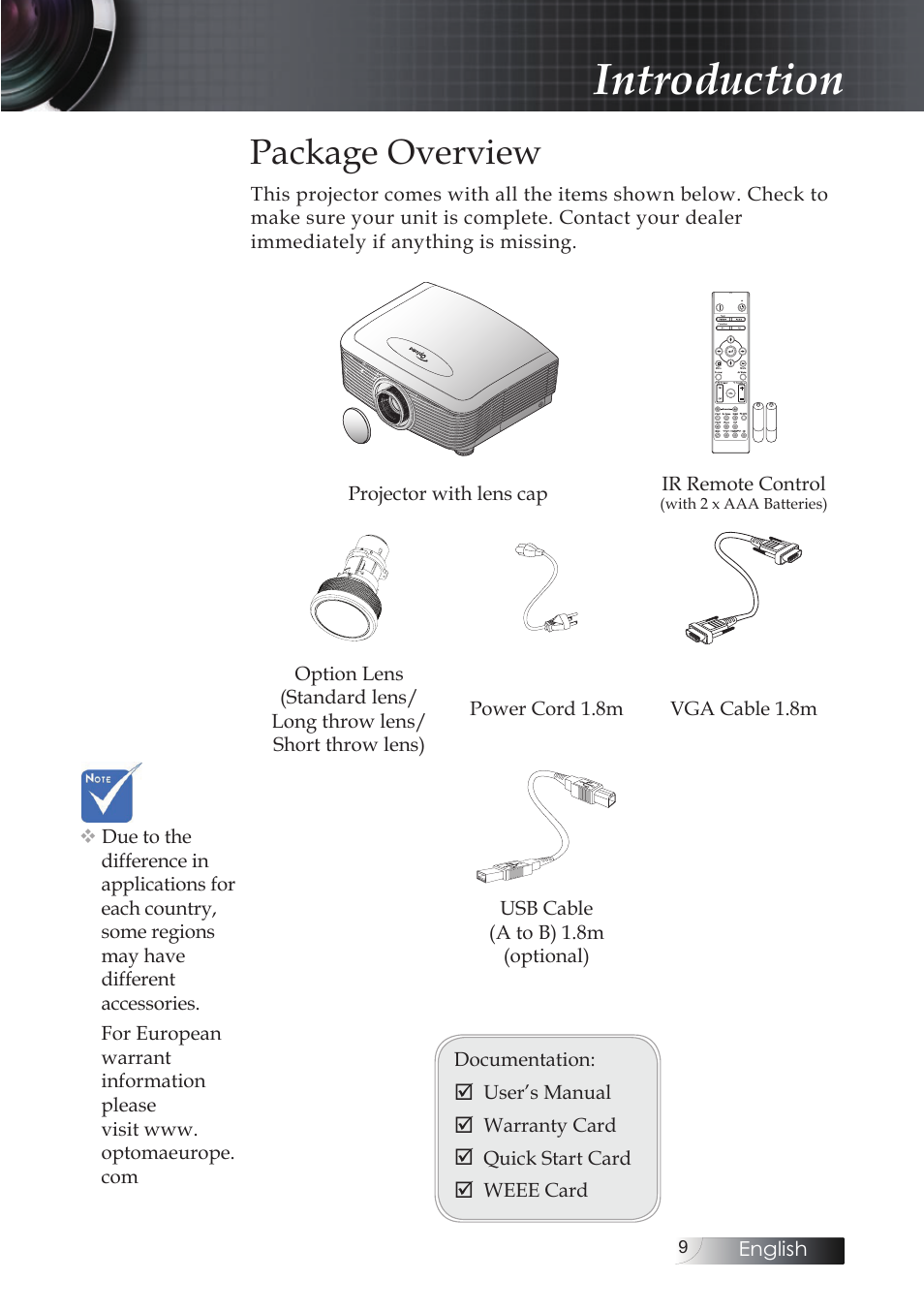 Package overview, Introduction | Optoma EH503 User Manual | Page 9 / 101