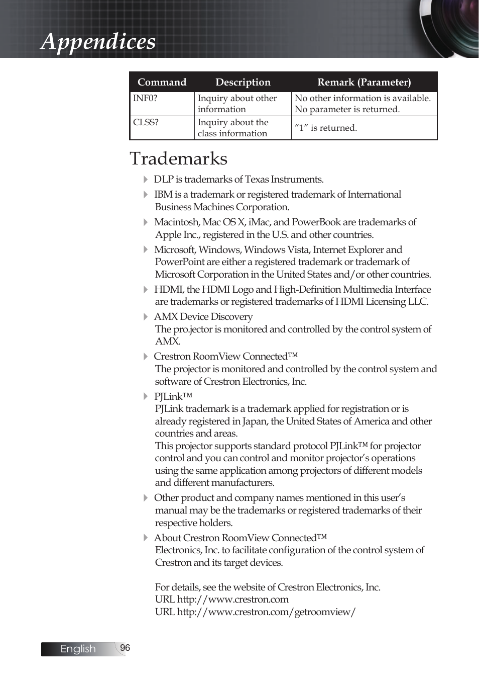 Trademarks, Appendices | Optoma EH503 User Manual | Page 96 / 101