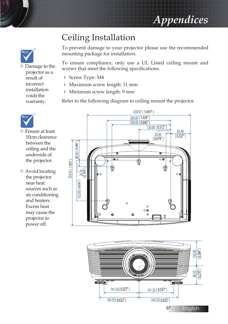 Ceiling installation, Appendices | Optoma EH503 User Manual | Page 97 / 101