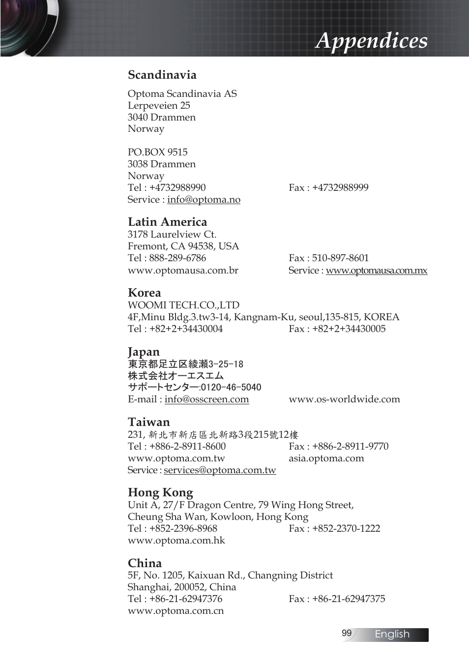 Appendices | Optoma EH503 User Manual | Page 99 / 101