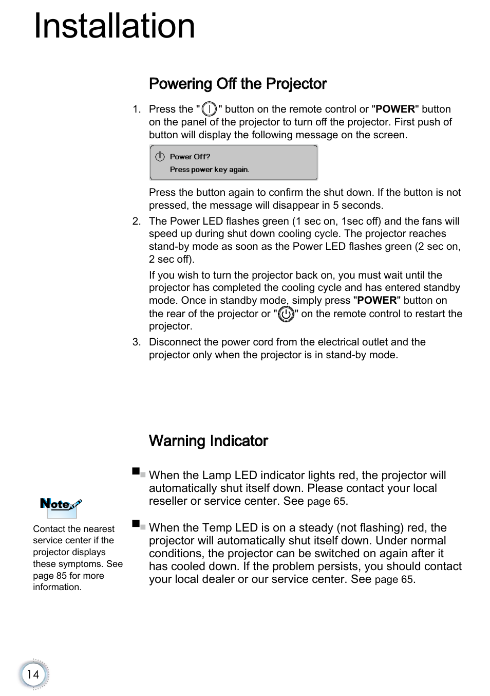 Powering off the projector, Warning indicator, Installation | Optoma EH415e User Manual | Page 15 / 89