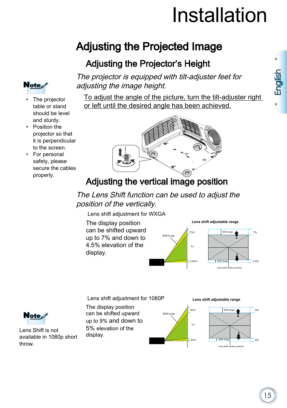 Adjusting the projected image, Adjusting the projector’s height, Adjusting the vertical image position | Installation, English | Optoma EH415e User Manual | Page 16 / 89