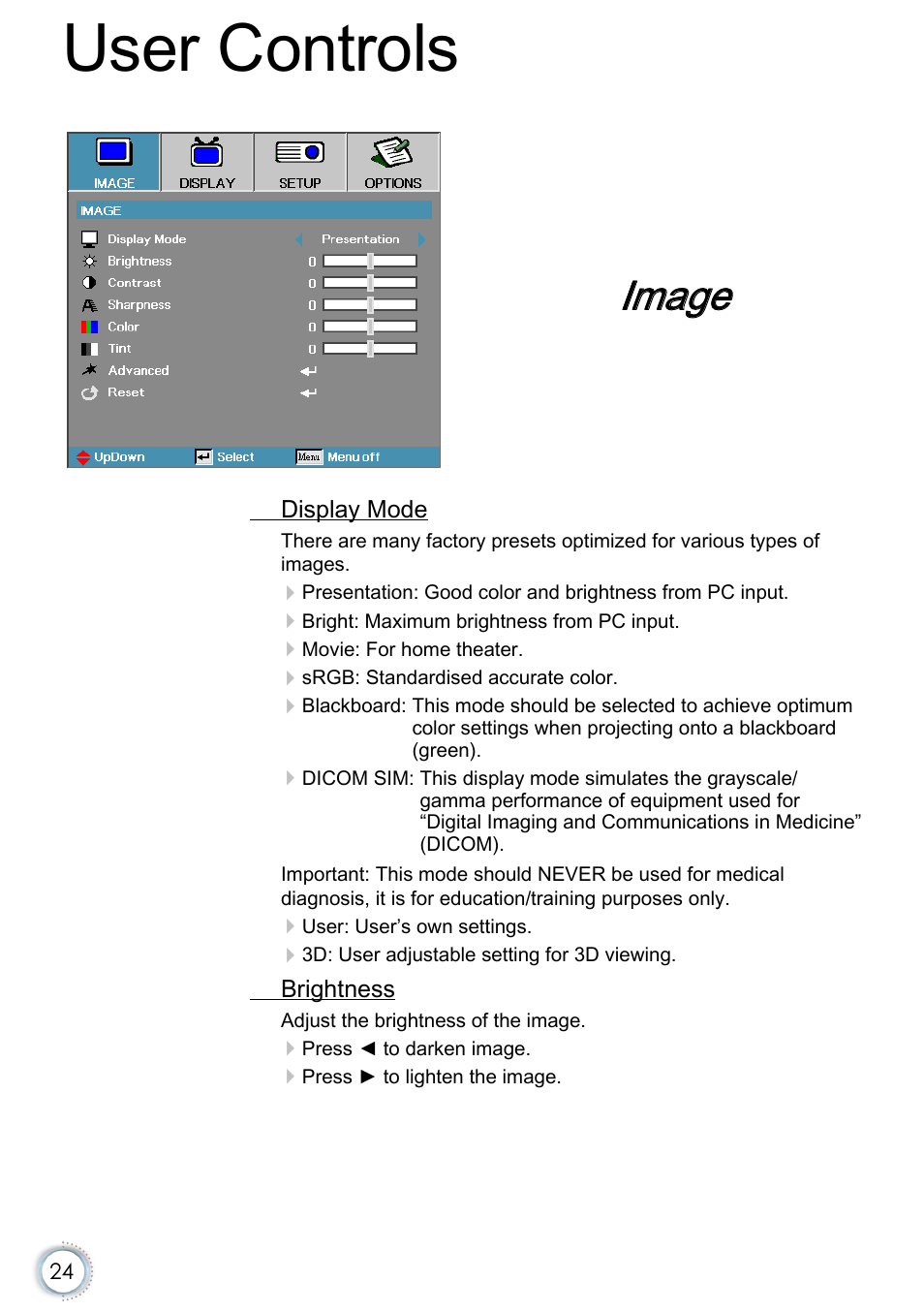 Image, User controls | Optoma EH415e User Manual | Page 25 / 89