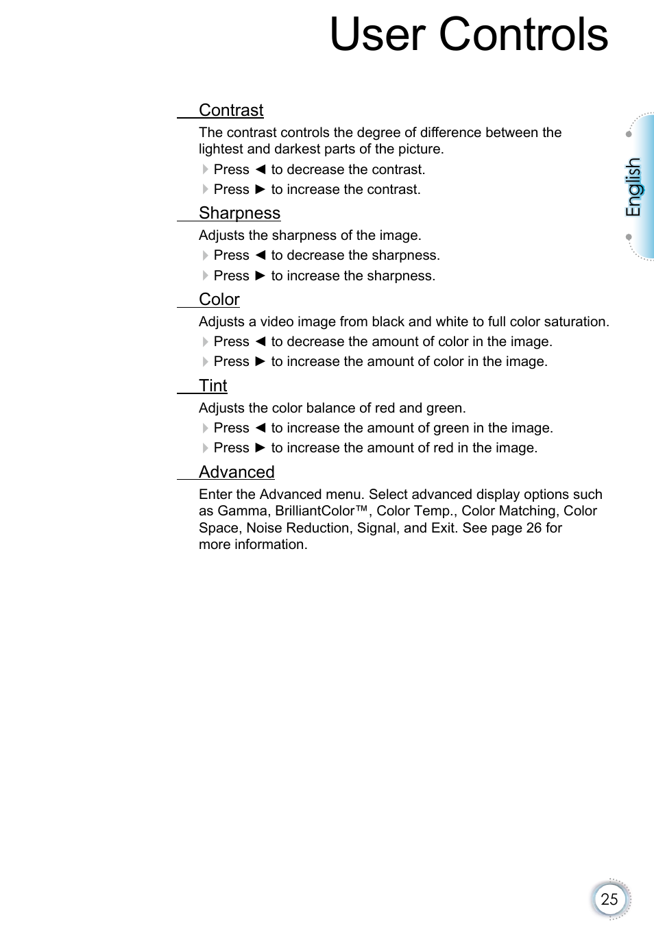 User controls, English | Optoma EH415e User Manual | Page 26 / 89