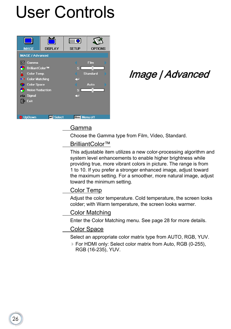 Image | advanced, User controls | Optoma EH415e User Manual | Page 27 / 89