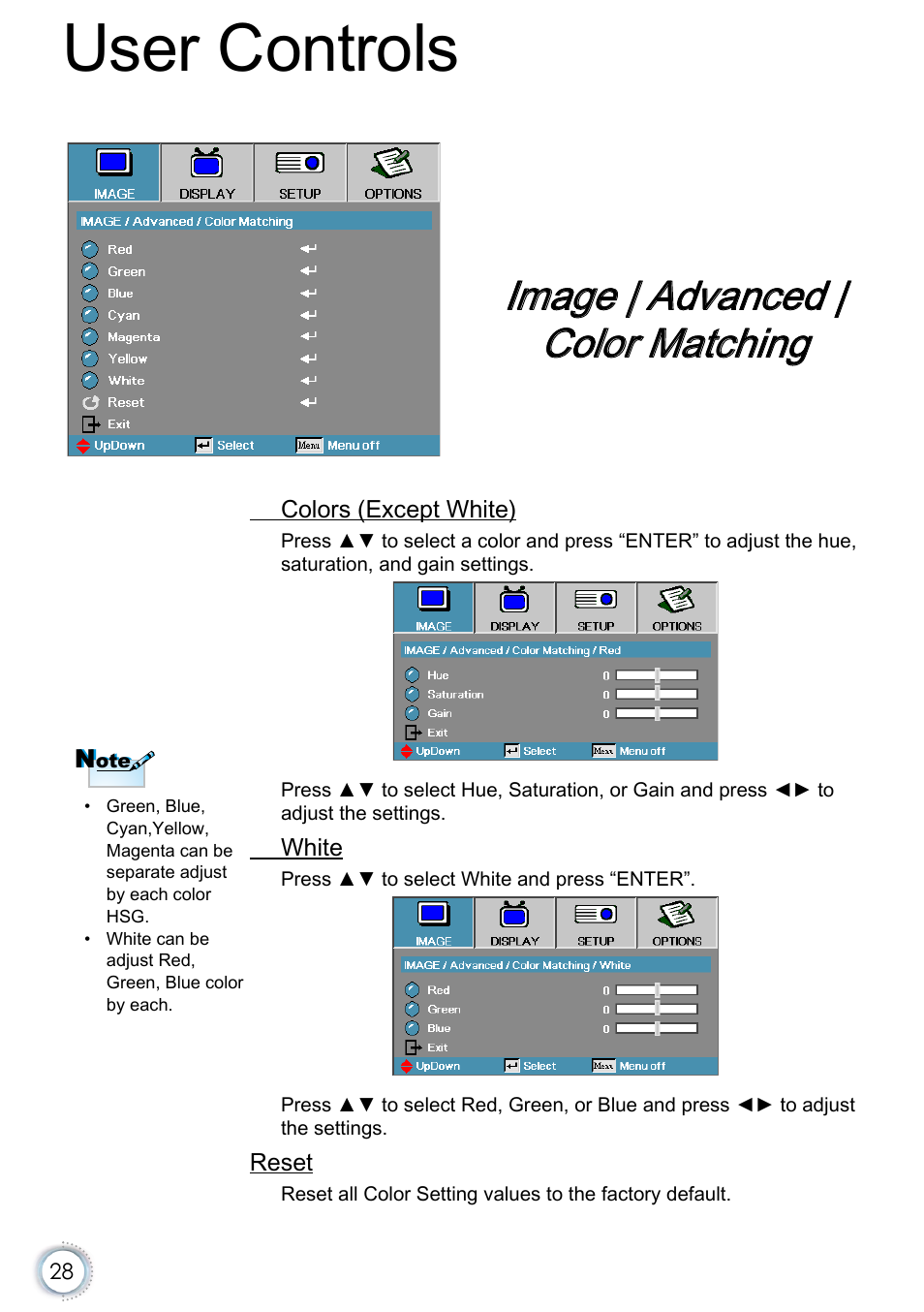 Image | advanced | color matching, User controls | Optoma EH415e User Manual | Page 29 / 89