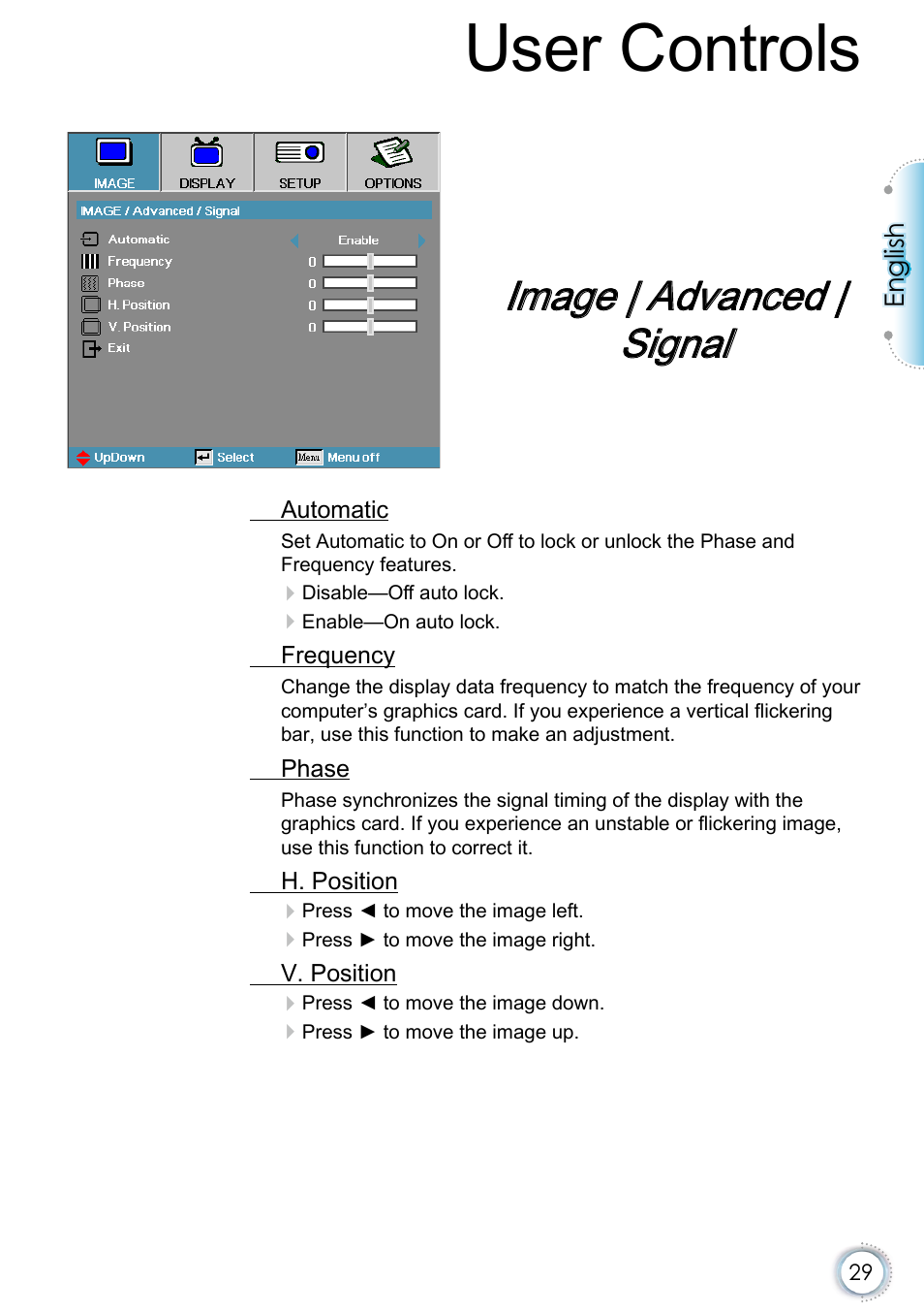 Image | advanced | signal, User controls | Optoma EH415e User Manual | Page 30 / 89