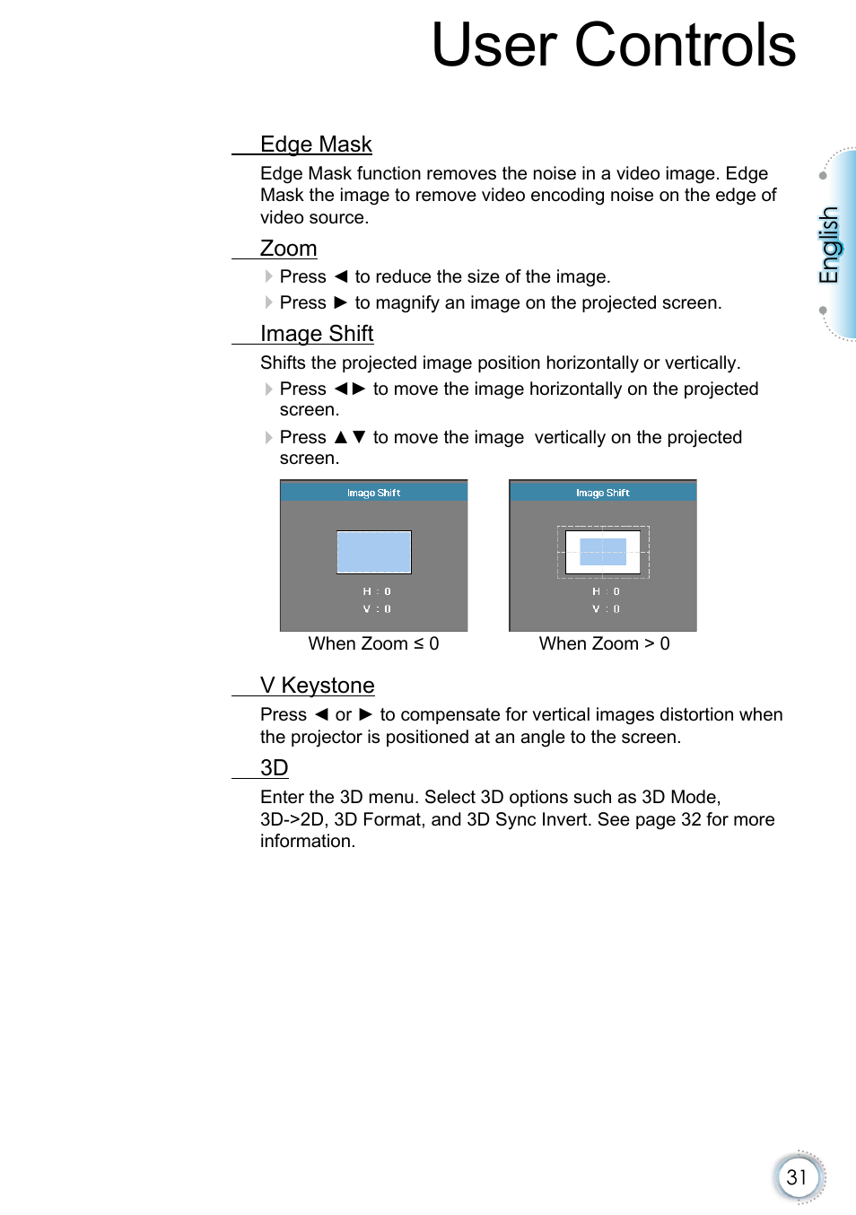User controls, English | Optoma EH415e User Manual | Page 32 / 89