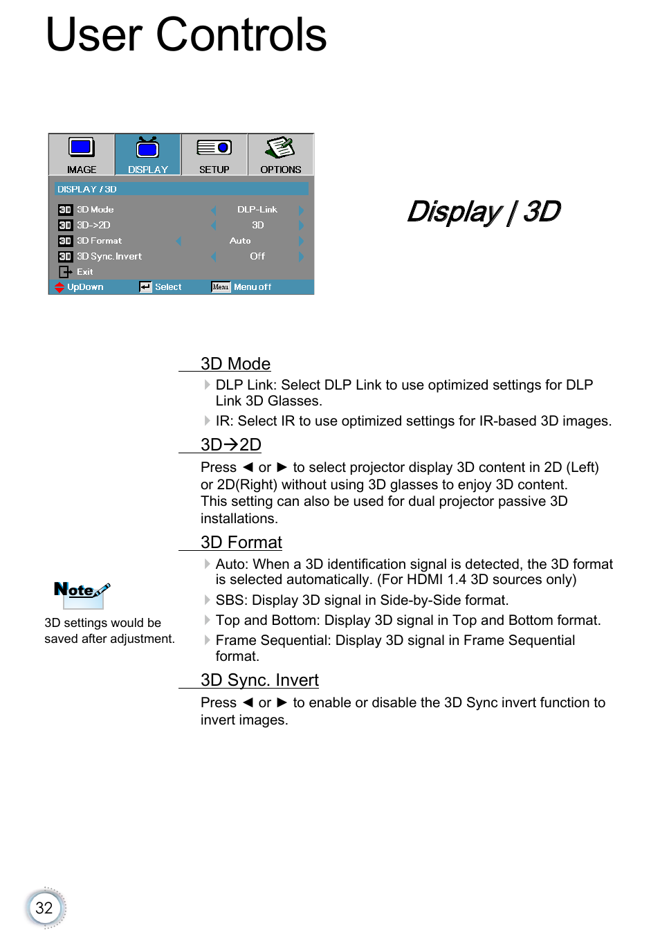 Display | 3d, User controls | Optoma EH415e User Manual | Page 33 / 89