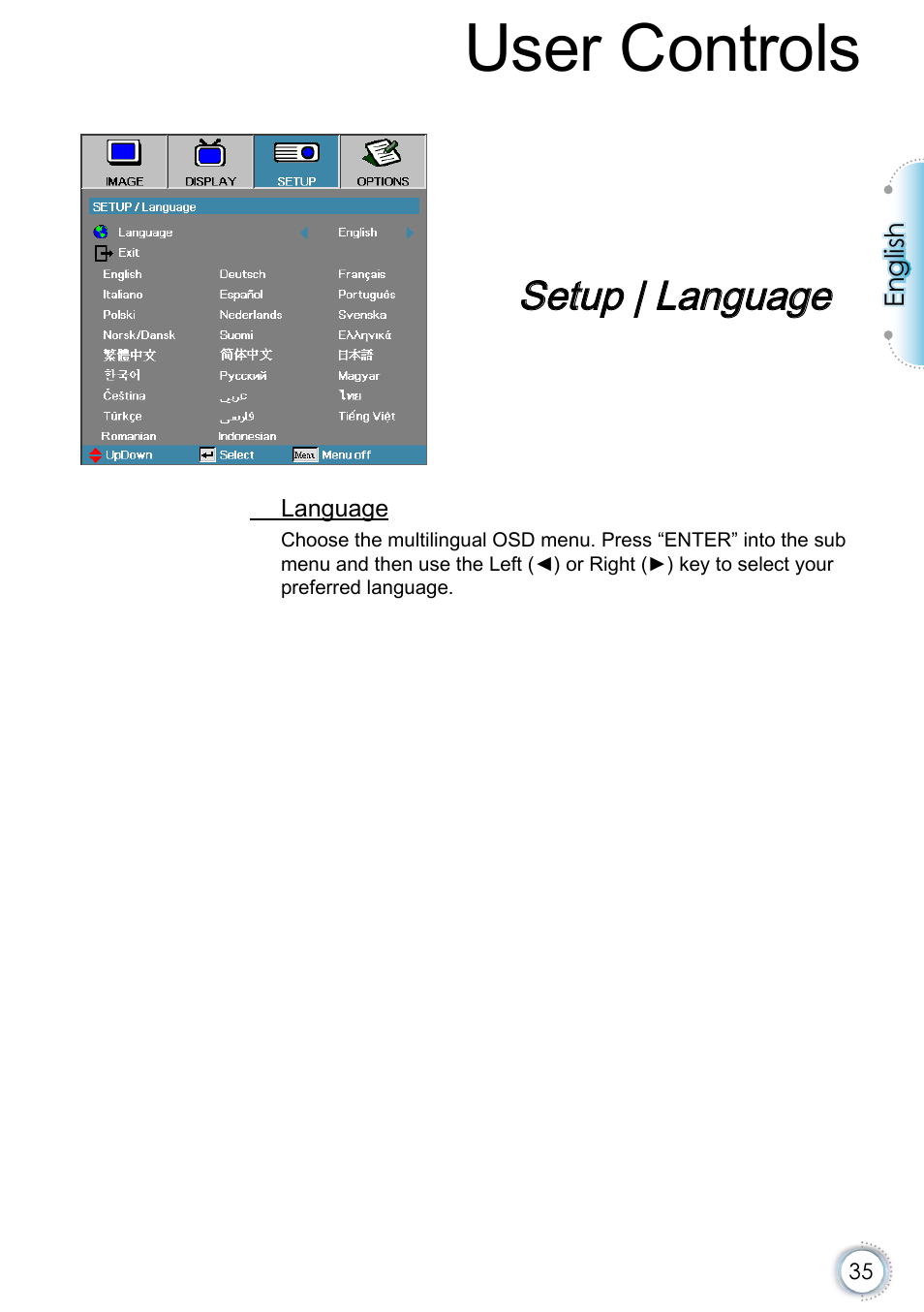 Setup | language, User controls | Optoma EH415e User Manual | Page 36 / 89