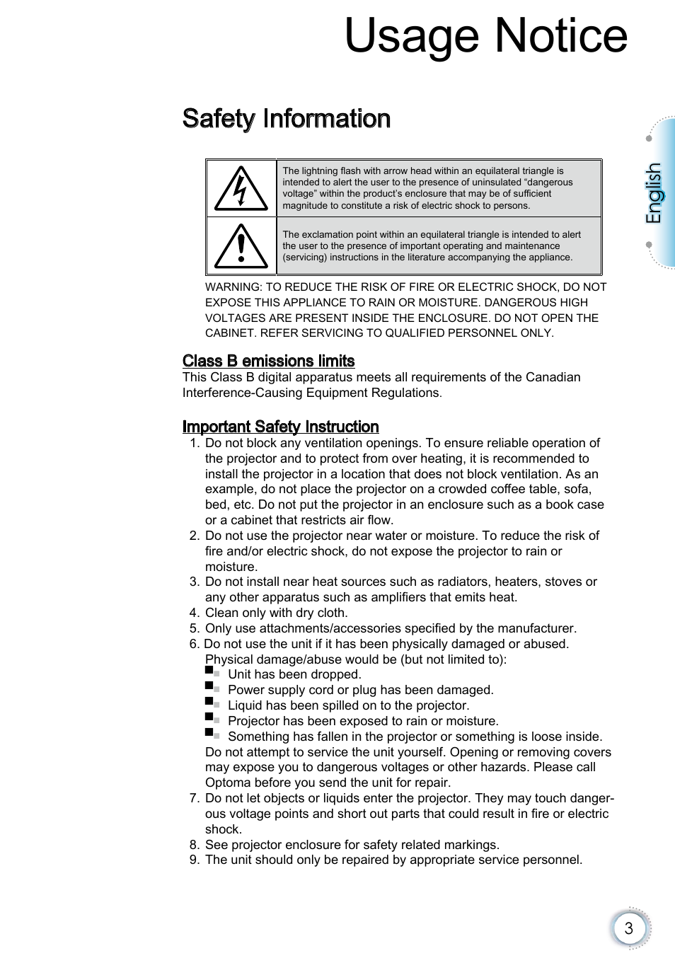 Usage notice, Safety information, English | Optoma EH415e User Manual | Page 4 / 89