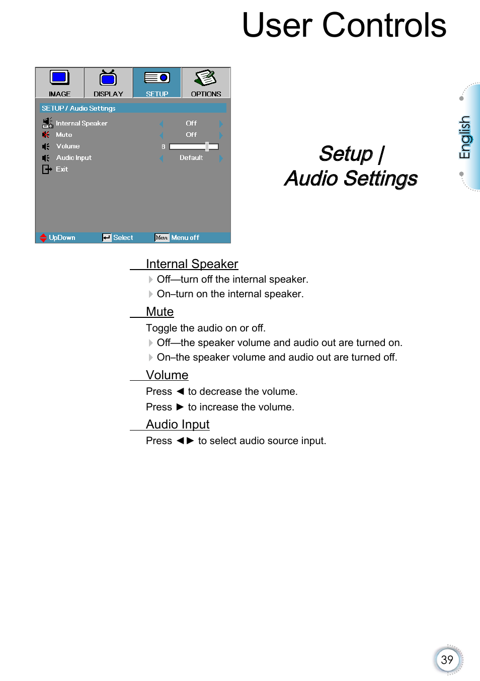 Setup | audio settings, User controls | Optoma EH415e User Manual | Page 40 / 89