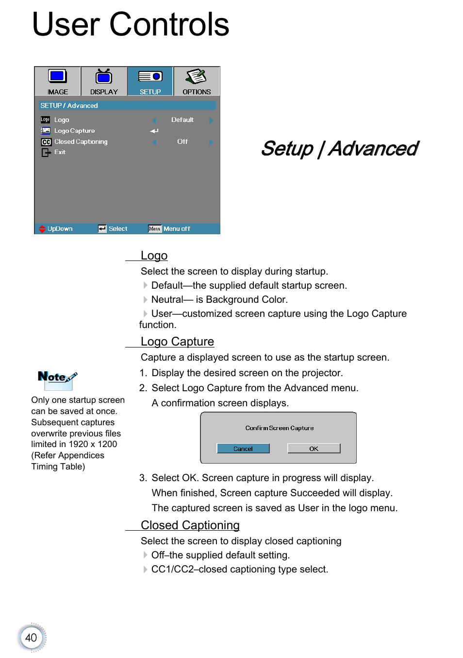 Setup | advanced, User controls | Optoma EH415e User Manual | Page 41 / 89