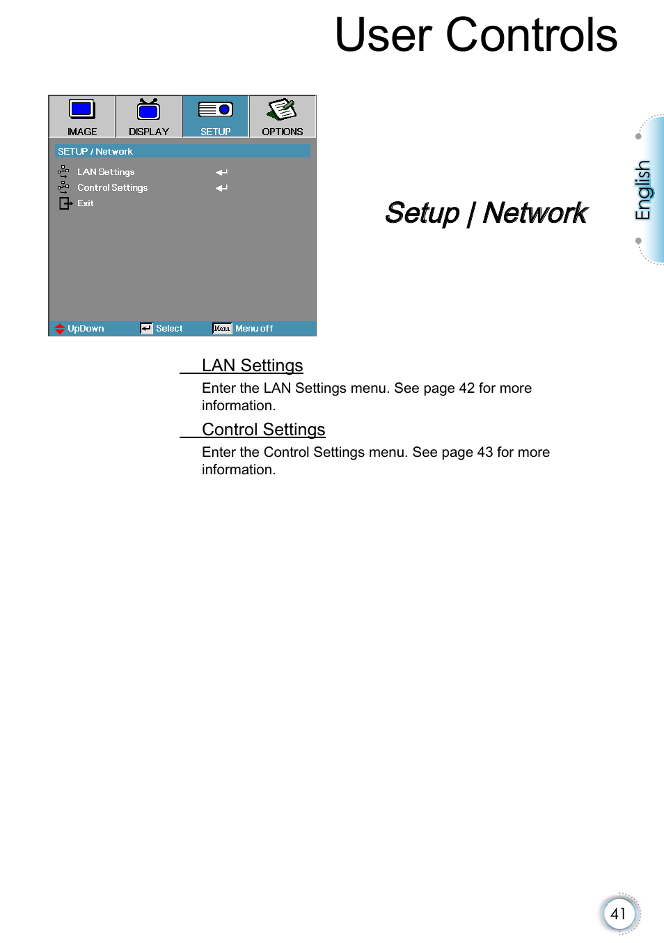 Setup | network, User controls | Optoma EH415e User Manual | Page 42 / 89