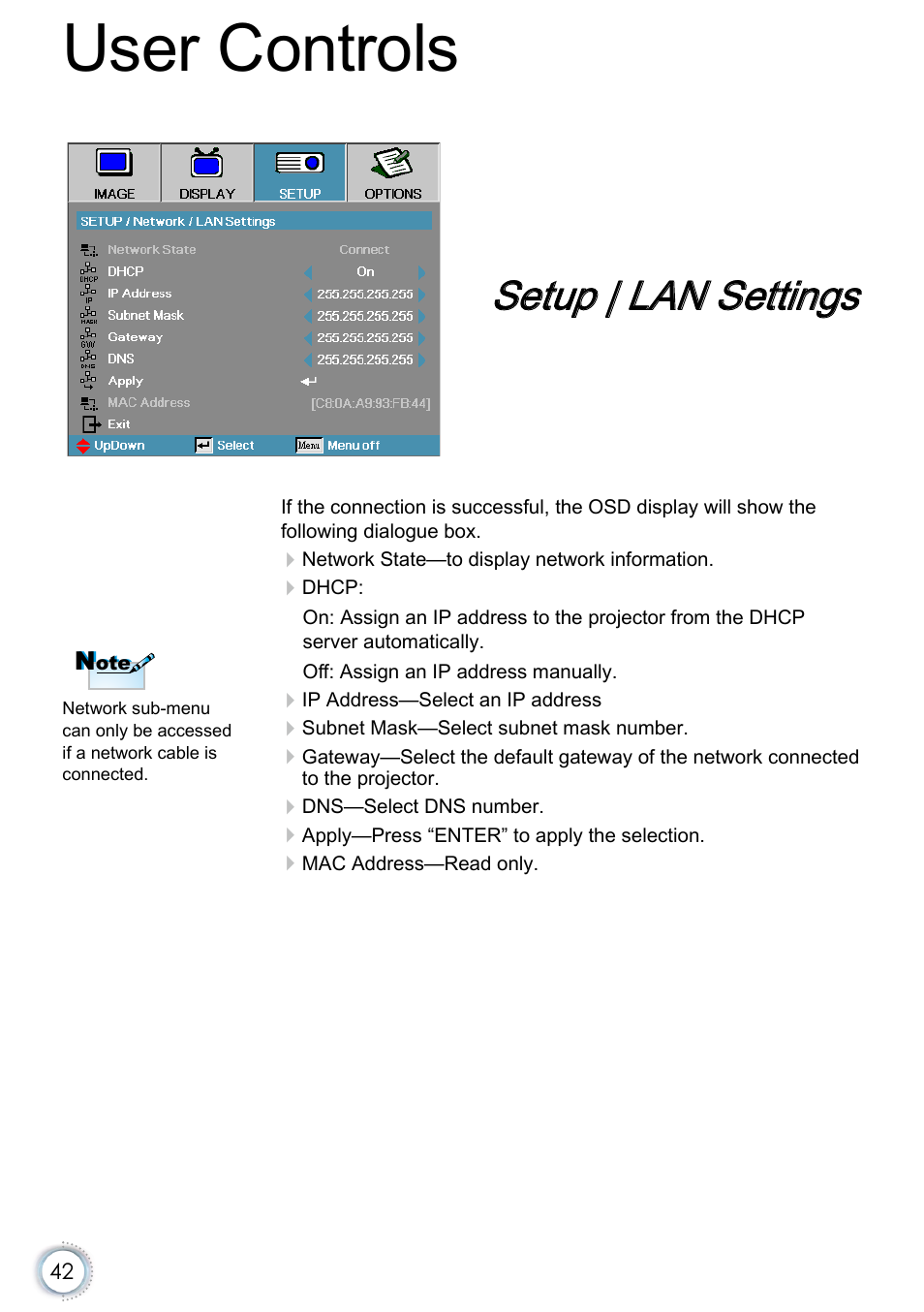 Setup | lan settings, User controls | Optoma EH415e User Manual | Page 43 / 89