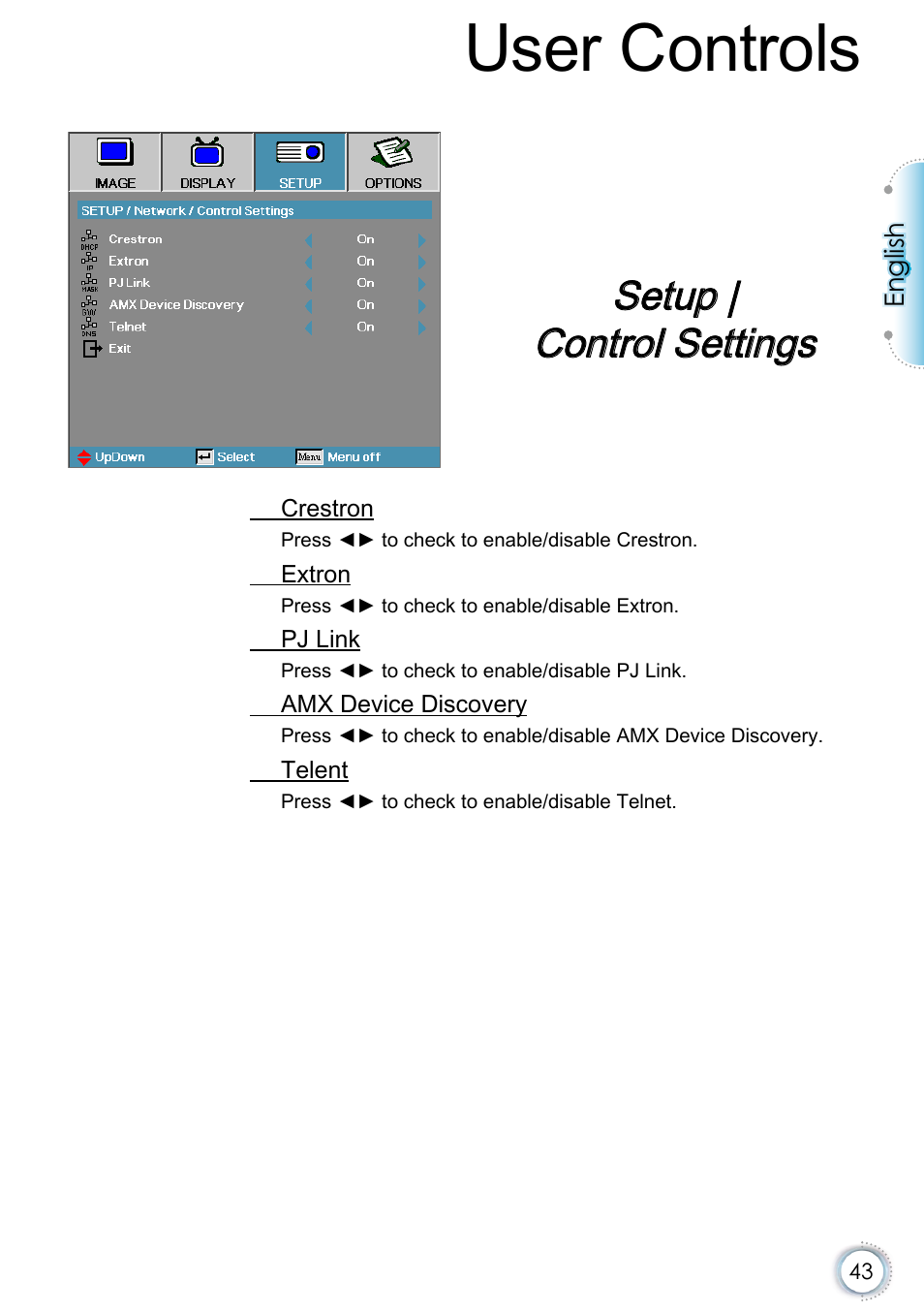 Setup | control settings, User controls | Optoma EH415e User Manual | Page 44 / 89