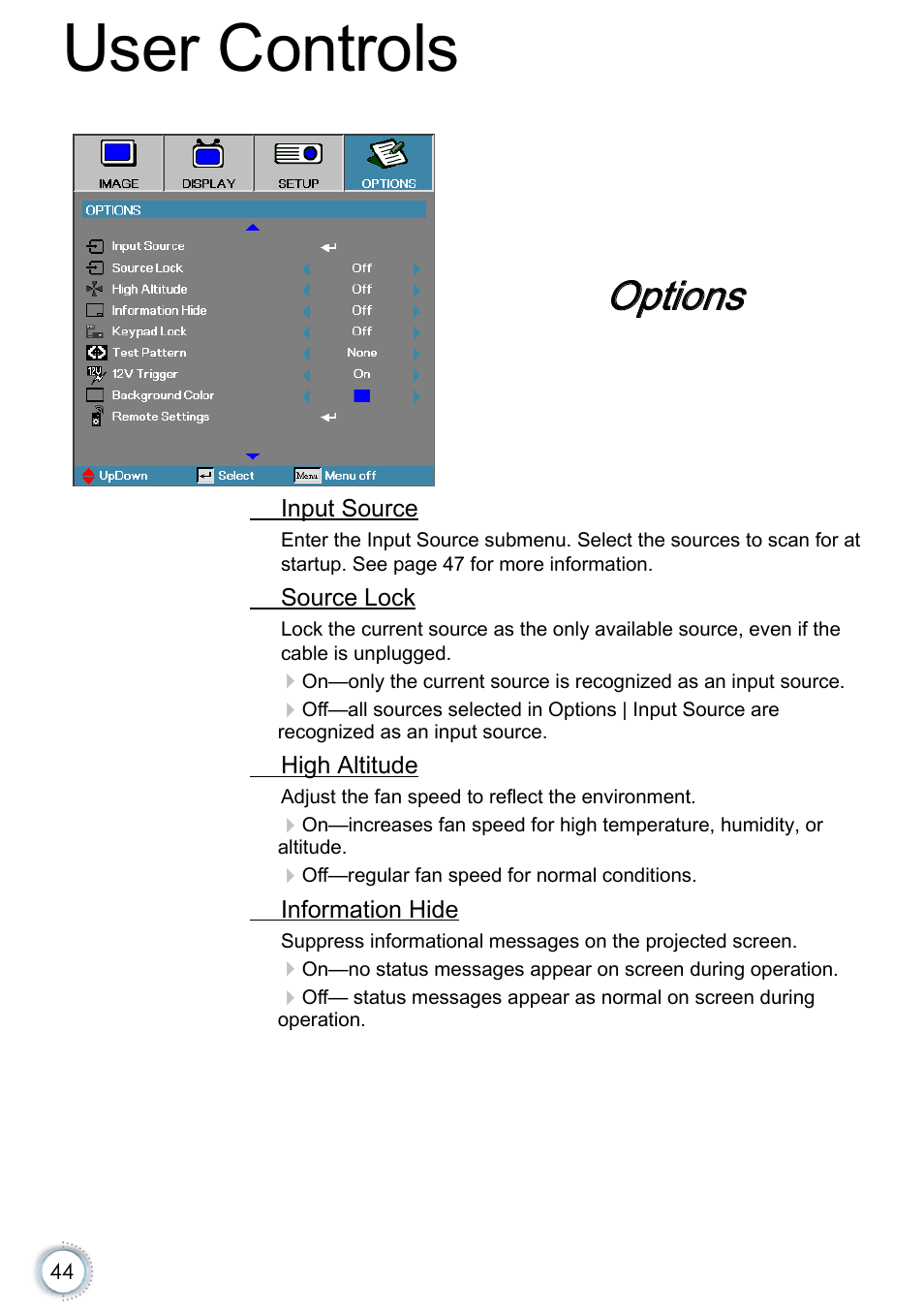 Options, User controls | Optoma EH415e User Manual | Page 45 / 89